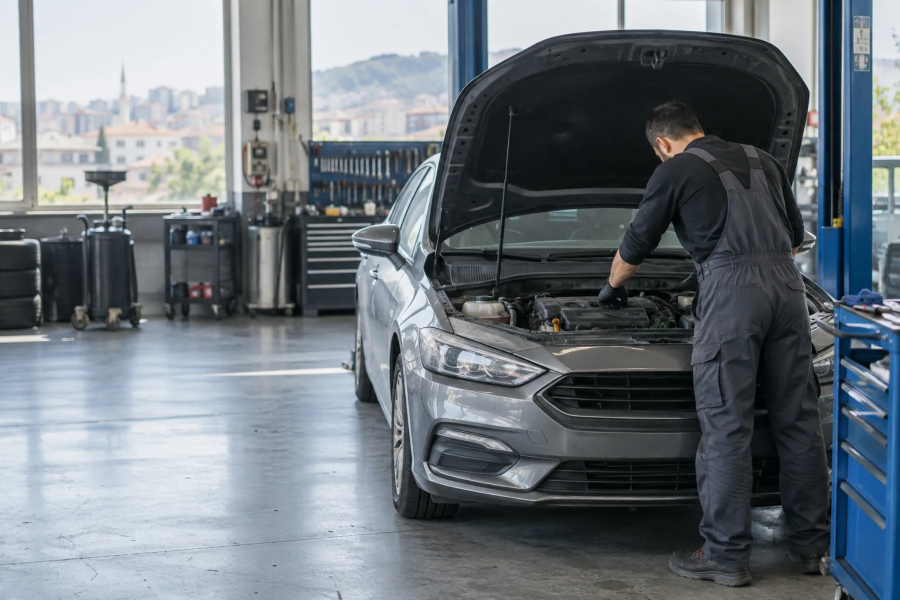 Esenyurt oto servisinde motor kontrolü yapan teknisyen